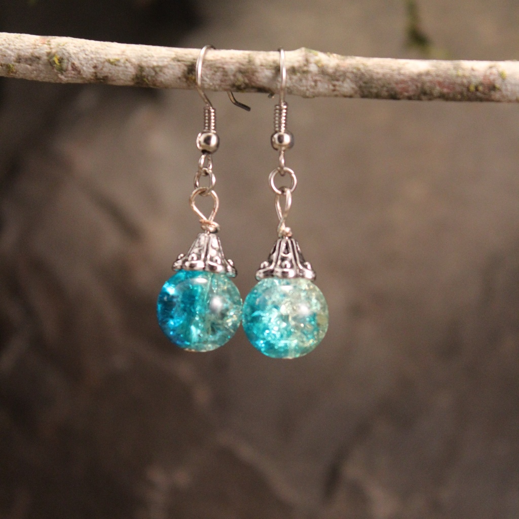 Turquoise Crackle Glass And Antique Silver Earring